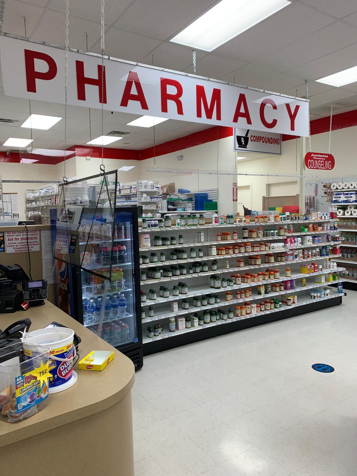 Interior of Jourdanton Pharmacy with prescription shelves
